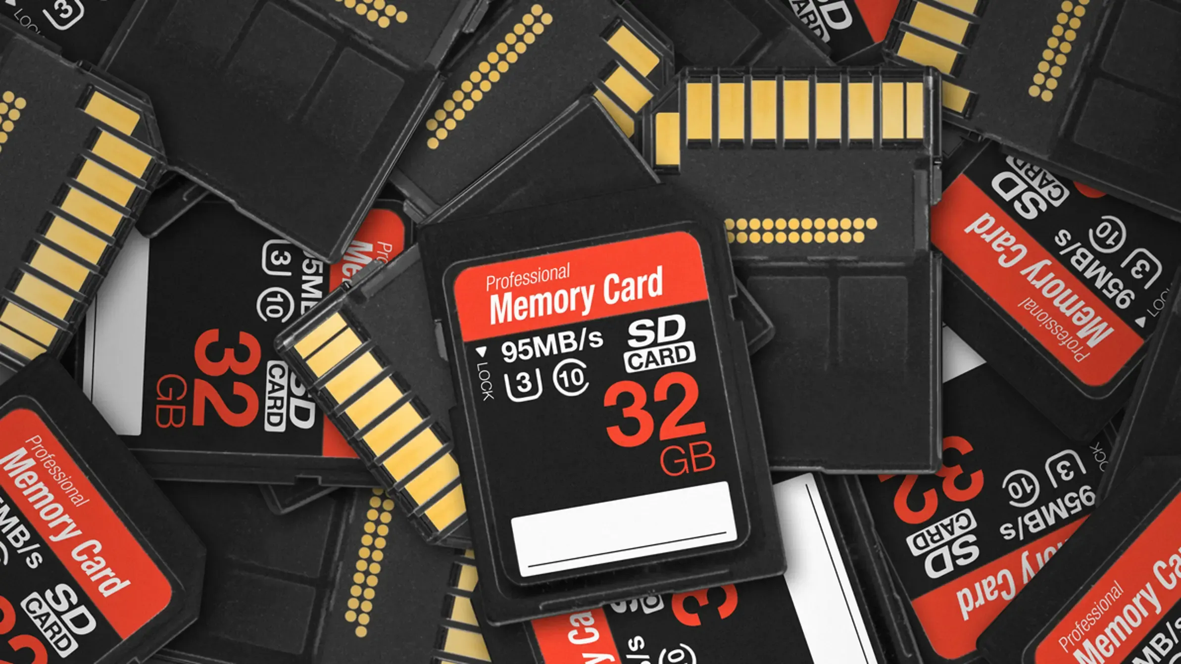A pile of SD memory cards with gold-plated contacts